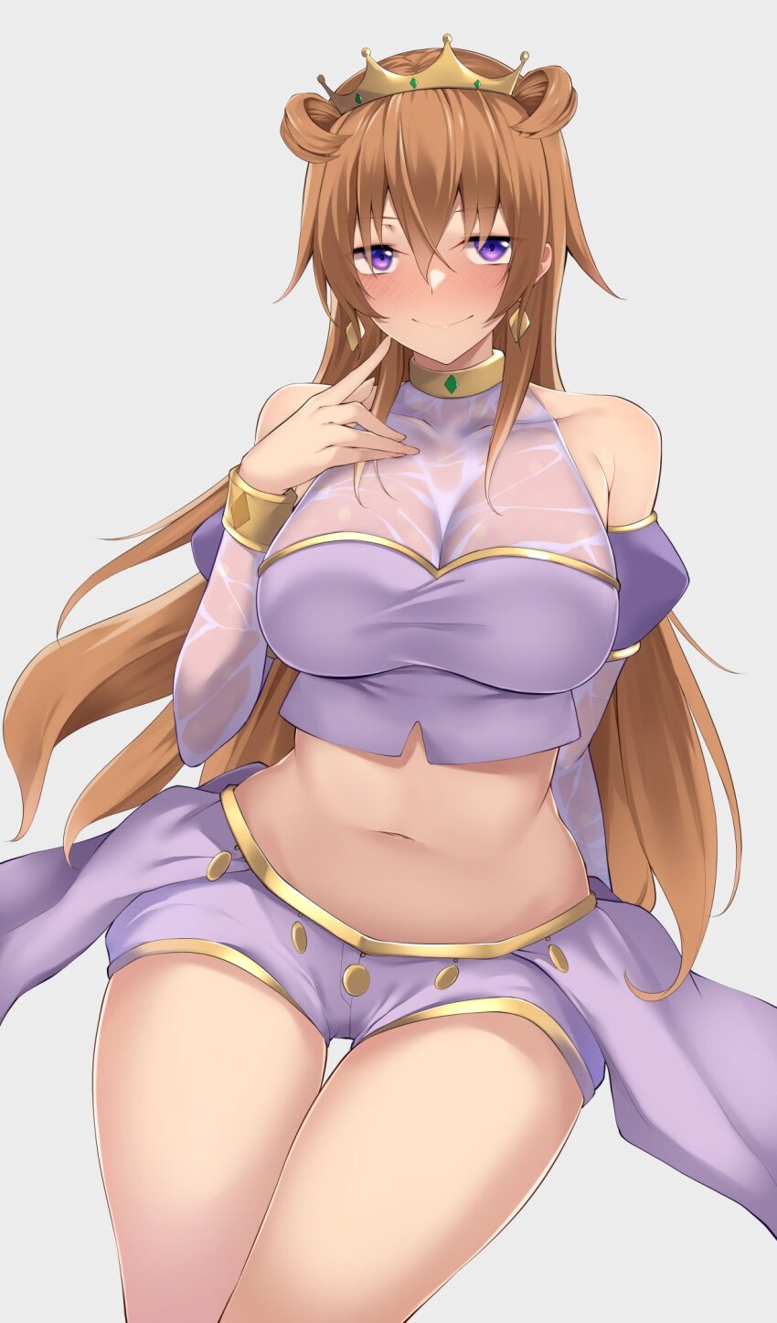 1girl blush breasts brown_hair butterfly_(love_live!) cleavage closed_mouth commentary_request crop_top crown fluegel_(gumi710) hair_between_eyes highres konoe_kanata large_breasts long_hair long_sleeves looking_at_viewer love_live! love_live!_nijigasaki_high_school_idol_club midriff navel official_alternate_costume purple_eyes purple_shirt purple_shorts see-through_clothes see-through_shirt see-through_sleeves shirt shorts simple_background smile solo thighs white_background