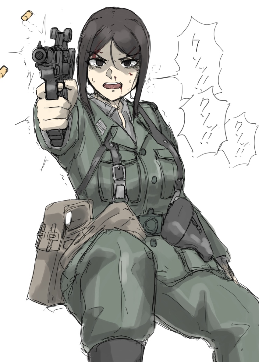 1girl absurdres belt blood blood_on_face boots breasts buckle bullet_casing collar german_army gun hair_ornament hairclip handgun highres holster japanese_text katu large_breasts luger_p08 military military_uniform original pistol pouch simple_background suspenders weapon world_war_ii