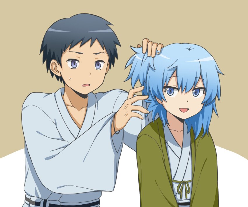 2boys ansatsu_kyoushitsu bath_yukata blue_eyes blue_hair blue_kimono grabbing_another&#039;s_hair highres japanese_clothes kimono light_blue_hair male_focus multiple_boys open_mouth sash shiota_nagisa short_sidetail sugino_tomohito sukonbu_m sweatdrop two-tone_background yukata