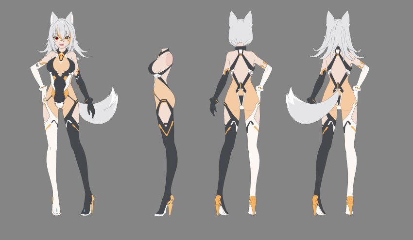 1girl :d absurdres animal_ears artist_request ass asymmetrical_gloves asymmetrical_legwear bodysuit boots breasts brunhilde_klein_(xipuria) commentary_request elbow_gloves fang flipped_hair full_body gloves grey_background hair_between_eyes hand_on_own_hip heterochromia high_heel_boots high_heels highres long_hair medium_breasts mismatched_gloves mismatched_legwear multicolored_hair multiple_views official_art open_mouth simple_background sky_diver_xipuria smile standing streaked_hair tail unitard yamanashi_mayuki_(xipuria)