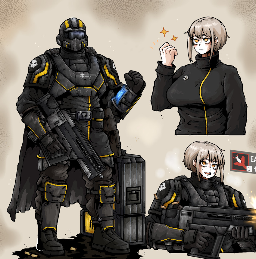 1girl ammunition_box ammunition_pouch ar-23_liberator armor assault_rifle assault_visor belt black_visor blonde_hair bob_cut boots breasts bullpup cape clenched_hand commentary english_commentary explosive firing gloves grenade gun helldiver_(helldivers) helldivers_(series) helmet highres holding holding_gun holding_weapon large_breasts looking_at_viewer military_uniform octosoup orange_eyes pouch rifle scar scar_on_face shell_casing simple_background skull smile sparkle super_earth_salute_(helldivers) sweat trigger_discipline turtleneck weapon