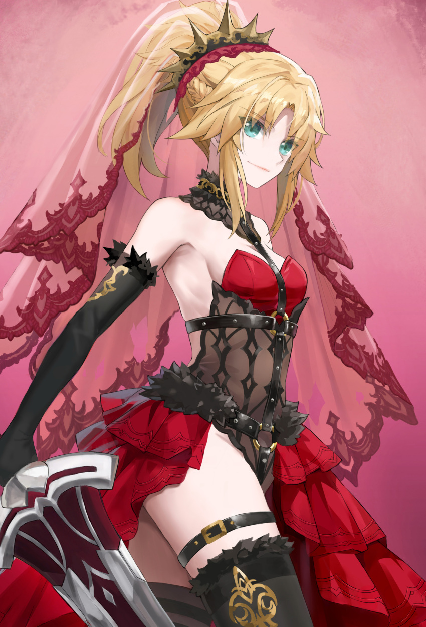 1girl absurdres aqua_eyes armpits bare_shoulders black_gloves black_thighhighs blonde_hair breasts closed_mouth clothing_request cowboy_shot curtained_hair dress elbow_gloves eyes_visible_through_hair fate_(series) gloves highres holding holding_sword holding_weapon light_smile looking_at_viewer medium_hair mordred_(fate) pink_background ponytail red_dress sidelocks sleeveless sleeveless_dress small_breasts solo sword thigh_strap thighhighs tonee veil weapon