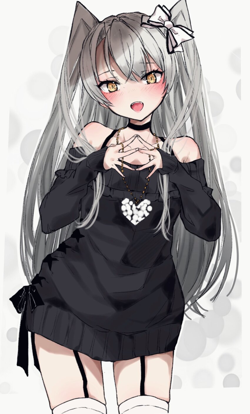 1girl amatsukaze_(kancolle) black_choker black_dress brown_eyes chigasaki_yukari choker commentary_request dress garter_straps grey_hair heart heart_print highres kantai_collection long_hair looking_at_viewer open_mouth sleeves_past_wrists solo steepled_fingers sweater sweater_dress thighhighs two_side_up white_thighhighs