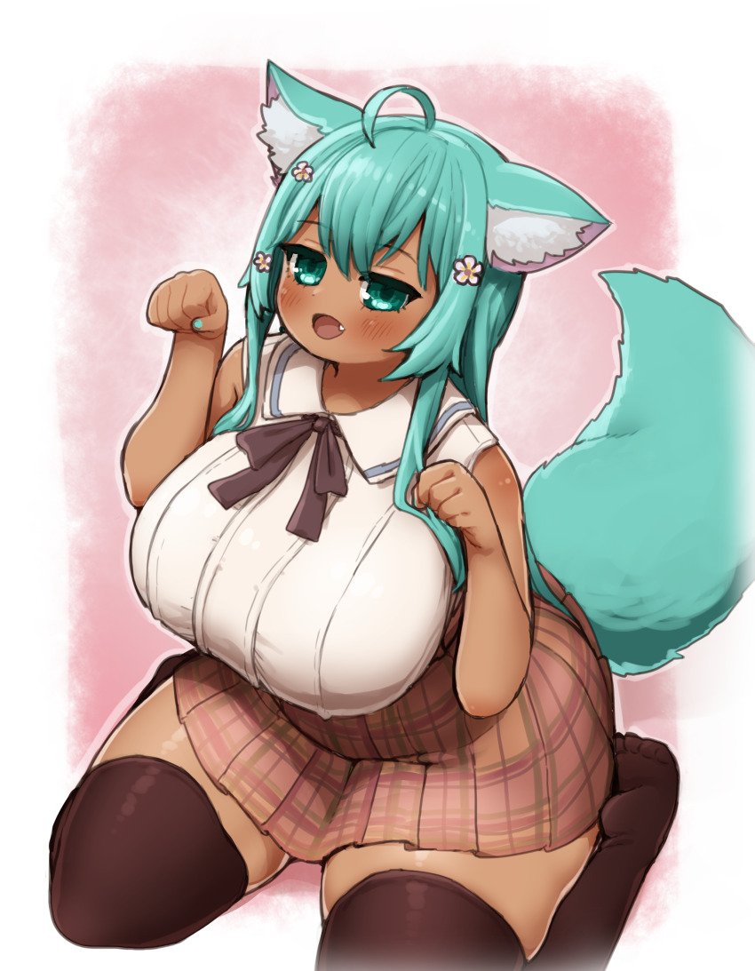 1girl absurdres ahoge animal_ear_fluff animal_ears aqua_eyes aqua_hair aqua_nails black_thighhighs blush breasts commission dark-skinned_female dark_skin dot_nose fang fox_ears fox_girl fox_tail highres ichika_(ichika_manga) large_breasts long_hair miniskirt open_mouth original paw_pose plaid_clothes plaid_skirt plump shortstack sitting skeb_commission skirt solo tail thick_thighs thighhighs thighs very_long_hair wariza zettai_ryouiki