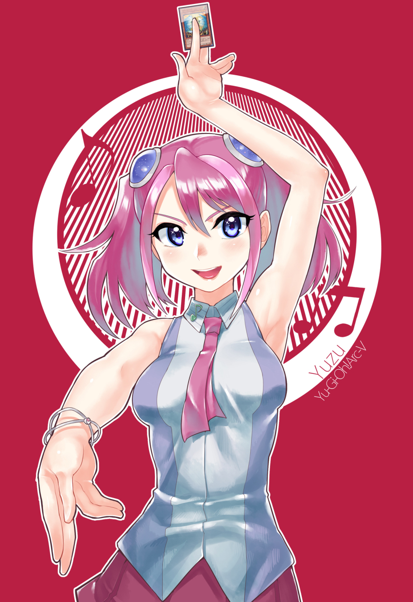 1girl :d armpits beamed_quavers blue_eyes blue_hair bracelet card female_focus highres hiiragi_yuzu honest_(yu-gi-oh!) jewelry matching_hair/eyes musical_note necktie open_mouth pink_hair quaver red_background short_twintails smile solo twintails waste-man yu-gi-oh! yu-gi-oh!_arc-v