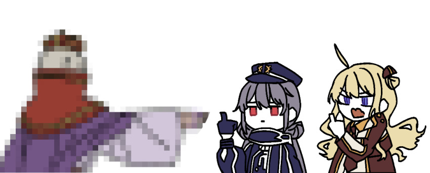 1boy 2girls ahoge blonde_hair blue_eyes censored closed_mouth grey_hair hair_ornament hat ho_(user_nkwz8444) imperial_order_(yu-gi-oh!) long_hair long_sleeves middle_finger military_uniform mosaic_censoring multiple_girls necktie open_mouth peaked_cap pointing red_eyes scarf sidelocks sky_striker_ace_-_raye sky_striker_ace_-_roze twintails upper_body white_background yu-gi-oh!