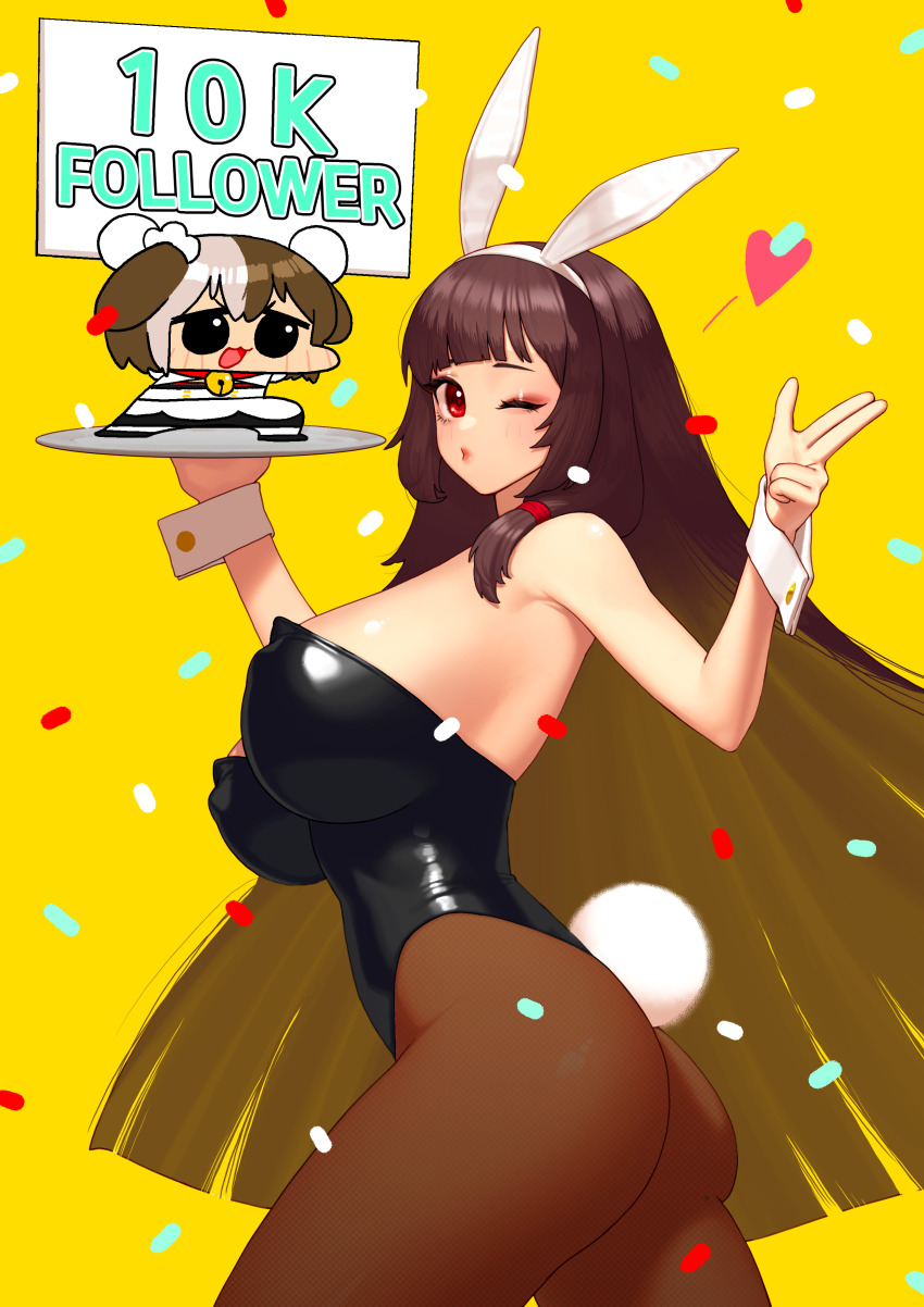 absurdres alternate_costume animal_ears ass bell black_pantyhose blunt_bangs breasts brown_hair chibi confetti dc_(makezzal) dog_ears dog_girl fake_animal_ears fake_tail finger_gun from_side grey_hair hachiko_of_castling highres holding holding_plate holding_sign large_breasts last_origin leotard long_hair maid maid_headdress milestone_celebration multicolored_hair pantyhose plate playboy_bunny rabbit_ears rabbit_tail red_eyes scissors_lise sign simple_background tail two-tone_hair very_long_hair wrist_cuffs