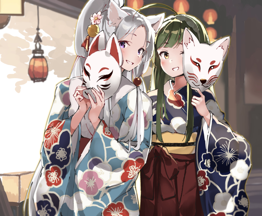 2girls ahoge animal_ear_fluff animal_ears blue_kimono brown_eyes brown_hakama commentary_request floral_print flower forehead green_hair green_hairband grey_hair grin hair_flower hair_ornament hairband hakama hakama_skirt holding holding_mask japanese_clothes kimono lamb_(hitsujiniku) long_hair long_sleeves looking_at_viewer mask multiple_girls obi parted_bangs pink_flower print_kimono purple_eyes sash skirt smile touhoku_itako touhoku_zunko unworn_mask voiceroid wide_sleeves