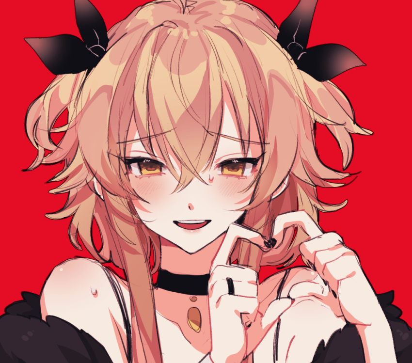 1boy black_nails blonde_hair blush choker crossdressing envy_elika_(koyashaka) fur_trim hair_between_eyes hair_ribbon heart heart_hands jewelry koyashaka long_hair looking_at_viewer male_focus nail_polish original over_shoulder portrait red_background ribbon ring short_twintails sidelocks simple_background solo sweat teeth trap twintails upper_teeth_only yellow_eyes