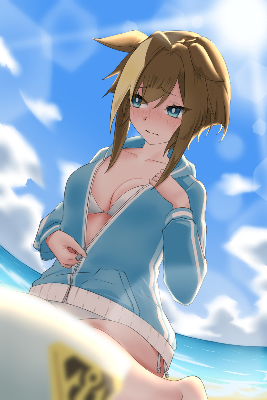 1girl animal_ears bikini blurry blurry_foreground blush breasts brown_hair cheval_grand_(umamusume) cleavage closed_mouth cloud collarbone hair_between_eyes hair_ornament highres horse_ears horse_girl medium_breasts medium_hair moriaka ocean sky swimsuit umamusume