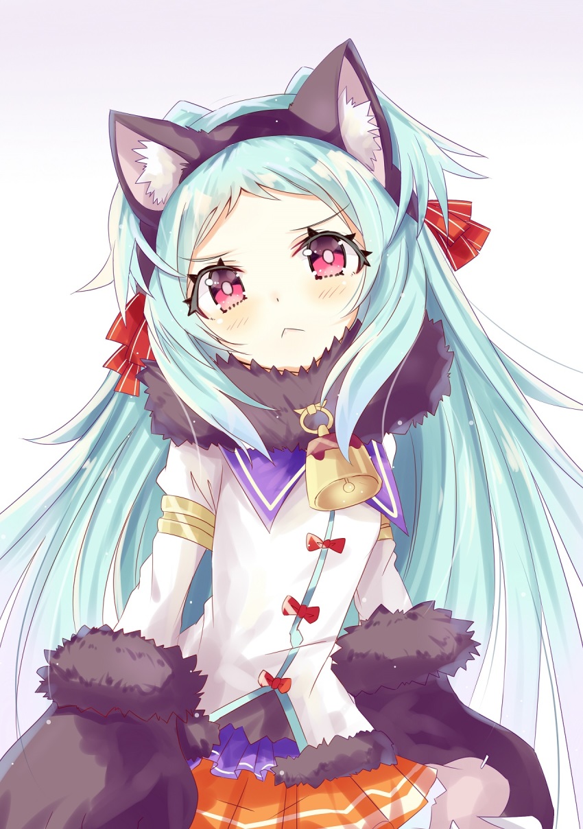 1girl :&lt; animal_ear_fluff animal_ears animal_hands bell black_gloves black_hairband blue_hair blush bow cat_ears closed_mouth commentary_request fake_animal_ears forehead fur-trimmed_gloves fur_collar fur_trim gloves gradient_background grey_background hair_bow hairband head_tilt highres hizaka juliet_sleeves long_hair long_sleeves looking_at_viewer miyako_(halloween)_(princess_connect!) miyako_(princess_connect!) orange_skirt paw_gloves pleated_skirt princess_connect! puffy_sleeves red_bow red_eyes shirt skirt solo striped_bow two_side_up v-shaped_eyebrows very_long_hair white_background white_shirt