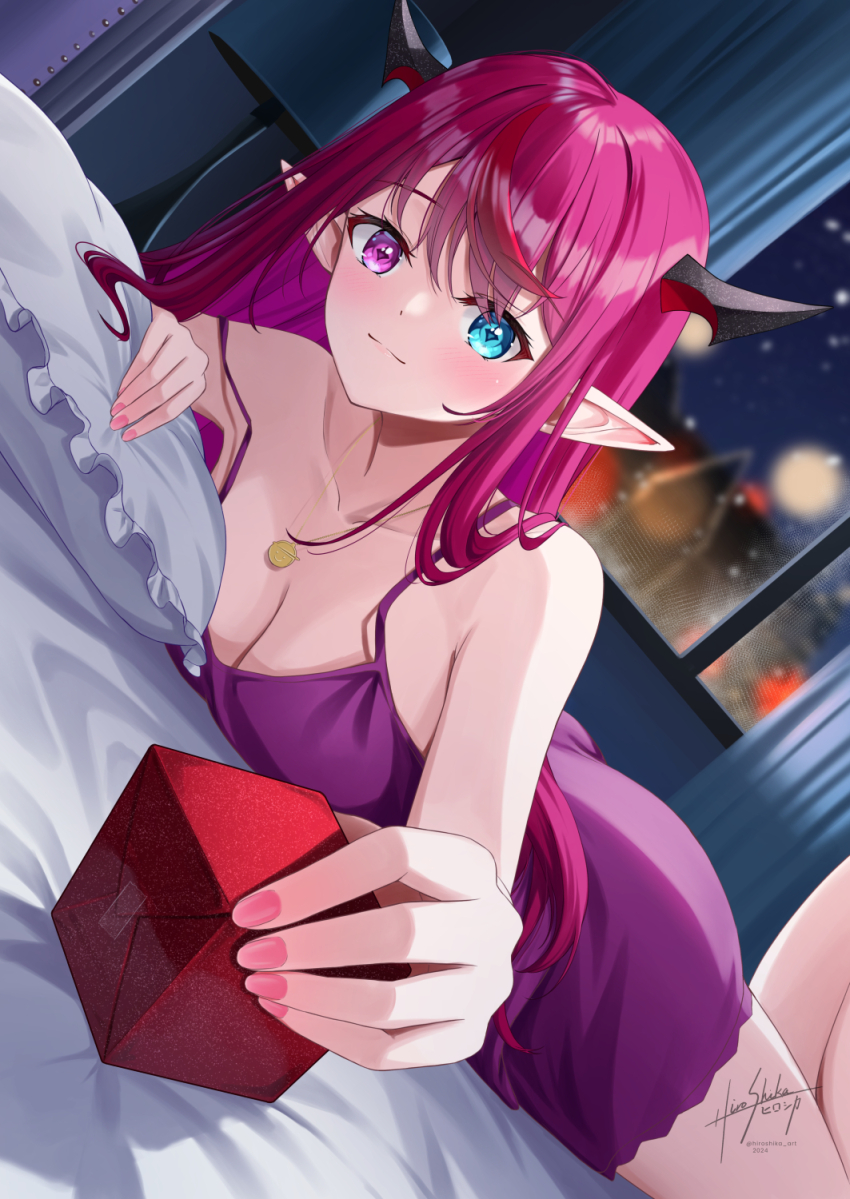 1girl alternate_costume bare_arms bed_sheet blue_eyes blush box breasts chemise cleavage closed_mouth commentary english_commentary feet_up gift gift_box giving gold_necklace heterochromia highres hololive hololive_english horns incoming_gift indoors irys_(hololive) jewelry large_breasts lingerie long_hair looking_at_viewer lying multicolored_hair nail_polish necklace negligee night on_stomach pink_eyes pink_nails pointy_ears purple_chemise purple_hair red_hair skyrail snowing solo star-shaped_pupils star_(symbol) strap_slip streaked_hair symbol-shaped_pupils the_pose underwear virtual_youtuber