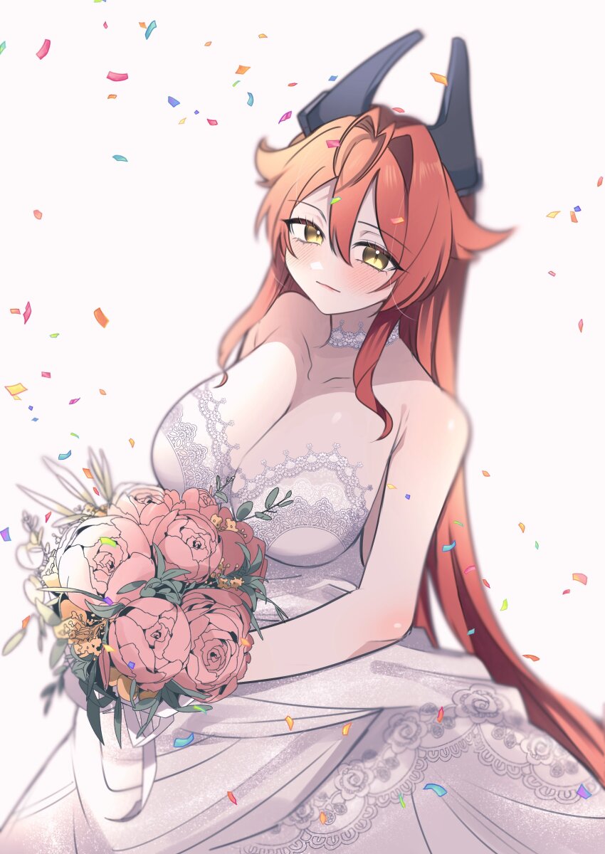 1girl absurdres blush bouquet breasts cleavage commentary_request confetti dress floral_print flower goddess_of_victory:_nikke highres holding holding_bouquet horns large_breasts light_smile long_hair looking_at_viewer mechanical_horns miko_(uuua12u) red_hair red_hood_(nikke) very_long_hair wedding_dress white_background white_dress yellow_eyes