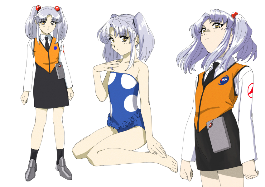 1girl barefoot black_necktie black_skirt black_socks blue_one-piece_swimsuit brown_eyes grey_hair hair_bobbles hair_ornament hands_on_feet highres hoshino_ruri kidou_senkan_nadesico long_sleeves multiple_views necktie ojipon one-piece_swimsuit orange_vest pencil_skirt shirt shoes sidelocks simple_background sitting skirt socks standing strapless strapless_one-piece_swimsuit swimsuit toes twintails vest white_background white_shirt