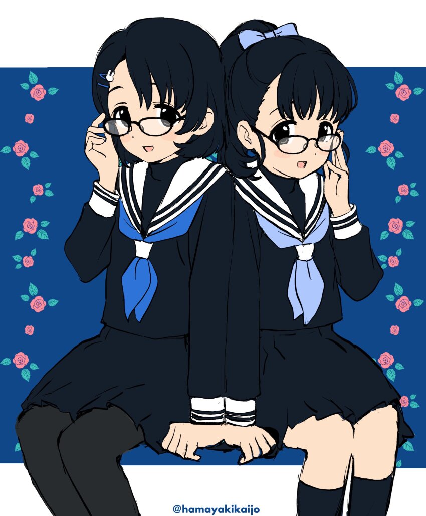 2girls adjusting_eyewear black_eyes black_hair black_skirt flower fukuyama_mai glasses hair_ornament hamayakikaijo hand_on_own_cheek hand_on_own_face highres idolmaster idolmaster_cinderella_girls idolmaster_cinderella_girls_u149 looking_at_viewer multiple_girls pantyhose pink_flower pink_rose ponytail red_flower red_rose rose sasaki_chie school_uniform serafuku sitting skirt