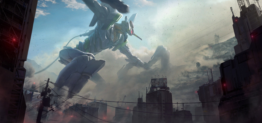 battle billboard blue_sky building city clenched_hand cloud coca-cola commentary eva_01 evangelion_(mecha) glowing glowing_eyes highres horns mecha mecha_focus motion_blur mountain neon_genesis_evangelion open_mouth poetchen power_lines realistic red_eyes robot scenery science_fiction single_horn sky standing transmission_tower utility_pole