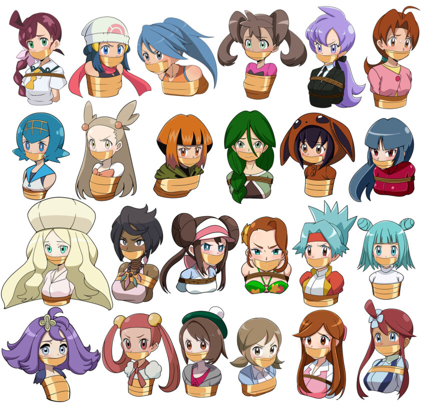 acerola_(pokemon) anabel_(pokemon) arms_behind_back battle_girl_(pokemon) bdsm bondage bound caitlin_(pokemon) cheryl_(pokemon) chloe_(pokemon) collarbone cosplay creatures_(company) dawn_(pokemon) delia_ketchum eevee eevee_(cosplay) gag gagged game_freak gardenia_(pokemon) gen_1_pokemon gloria_(pokemon) harusame_zensen highres improvised_gag jasmine_(pokemon) jovi_(pokemon) lana_(pokemon) lass_(pokemon) mira_(pokemon) nintendo office_worker_(pokemon) olivia_(pokemon) poke_kid_(pokemon) pokemon pokemon_(anime) pokemon_(classic_anime) pokemon_bw pokemon_bw2 pokemon_dppt pokemon_dppt_(anime) pokemon_frlg pokemon_hgss pokemon_journeys pokemon_oras pokemon_ranger pokemon_ranger_1 pokemon_sm pokemon_swsh pokemon_xd pokemon_xy rosa_(pokemon) sabrina_(pokemon) shauna_(pokemon) skyla_(pokemon) solana_(pokemon) swimmer_(pokemon) tape tape_bondage tape_gag