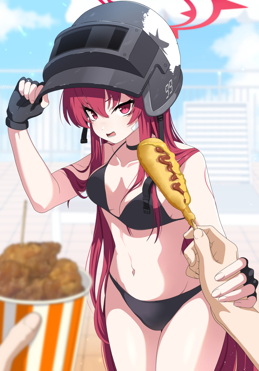 1girl 1other absurdres altyn_helmet bare_arms bare_legs bare_shoulders bikini black_bikini black_footwear blue_archive breasts combat_helmet day fingernails food groin hair_between_eyes helmet highres holding holding_food kokolokokomika long_hair looking_at_viewer medium_breasts navel official_alternate_costume open_mouth outdoors rabu_(blue_archive) rabu_(swimsuit)_(blue_archive) red_eyes red_hair sharp_teeth solo_focus swimsuit teeth