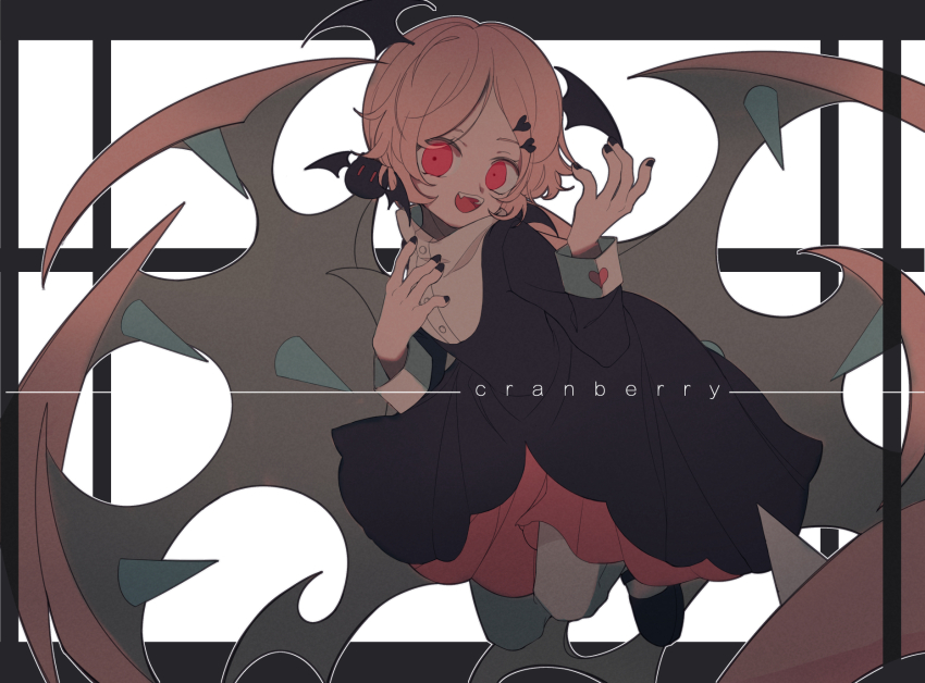 1girl black_background black_dress black_nails cranber_(funamusea) demon_girl demon_wings dress funamusea haiiro_teien hair_ornament hair_wings head_wings heart heart_hair_ornament highres long_hair long_sleeves multicolored_background open_mouth pink_eyes pink_hair smile solo twintails white_background wings yexie_pottle