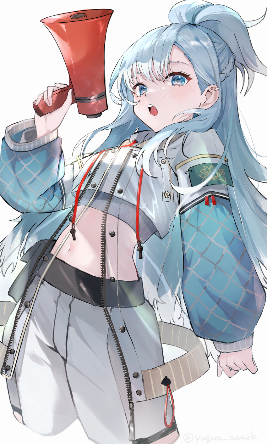 1girl absurdres blue_eyes blue_hair blush commentary_request cropped_jacket help!!_(hololive) highres holding holding_megaphone hololive hololive_indonesia jacket kobo_kanaeru kobo_kanaeru_(1st_costume) long_hair looking_at_viewer megaphone open_mouth shorts simple_background solo teeth upper_teeth_only virtual_youtuber white_background white_jacket white_shorts yagura_(yagura_aaaok)