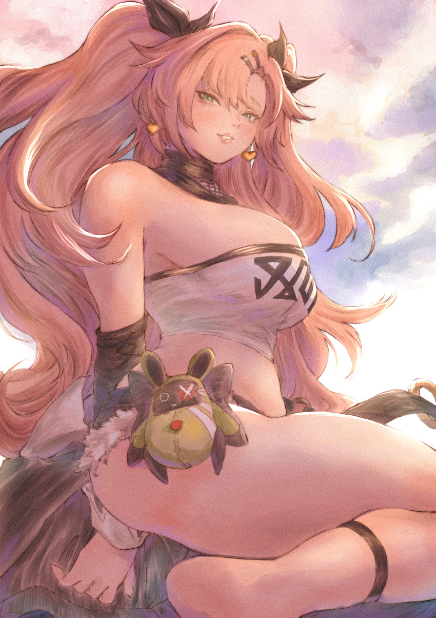 1girl amillion_(zenless_zone_zero) bare_legs bare_shoulders barefoot black_shorts breasts cloud cloudy_sky crop_top earrings feet_out_of_frame from_side green_eyes gusty10rk hair_ornament hairclip heart heart_earrings highres huge_breasts jewelry micro_shorts midriff nicole_demara parted_lips pink_hair seiza shorts sideboob sitting sky solo teeth thighs twintails zenless_zone_zero