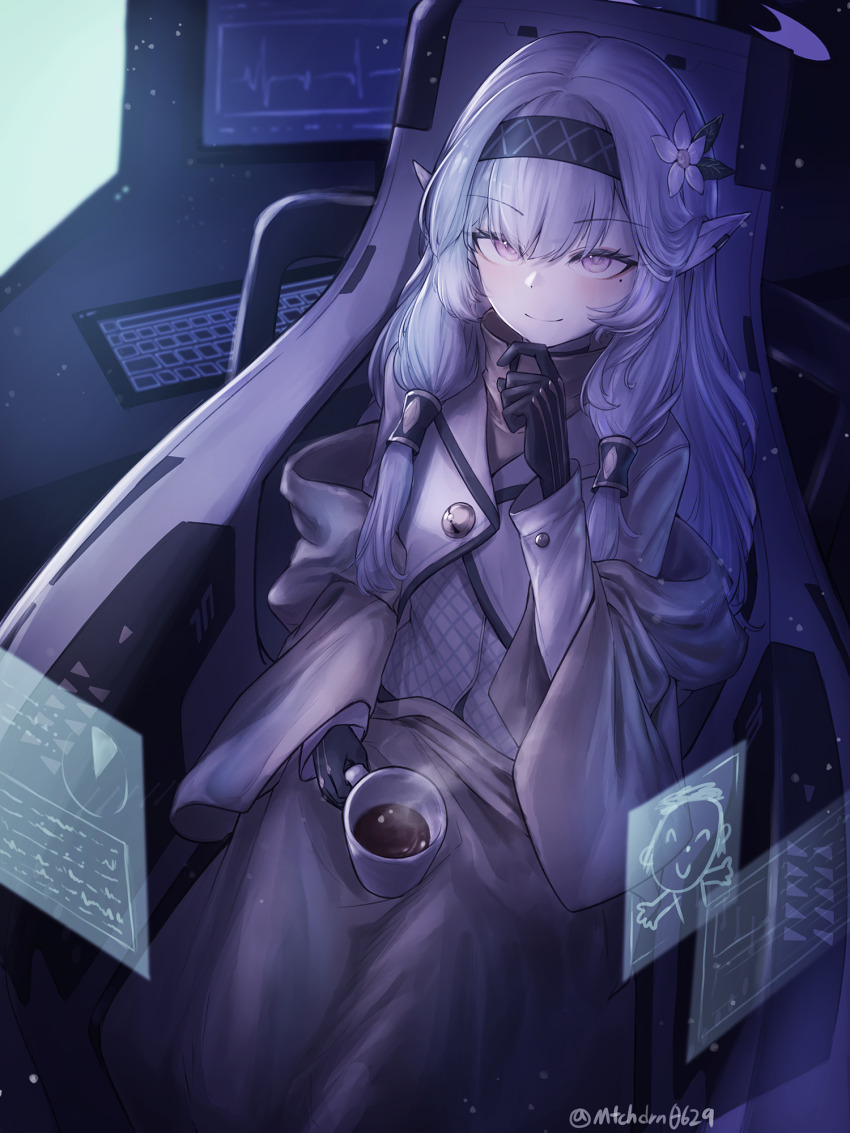 1girl black_gloves black_hairband blue_archive blush closed_mouth commentary cropped_jacket cup doodle_sensei_(blue_archive) earclip flower from_above gloves hair_flower hair_ornament hair_tubes hairband halo highres himari_(blue_archive) holding holding_cup hologram holographic_interface jacket long_hair looking_at_viewer mitochondrion mole mole_under_eye pointy_ears powered_wheelchair purple_eyes sensei_(blue_archive) smile solo striped_clothes striped_hairband wheelchair white_hair white_halo white_jacket