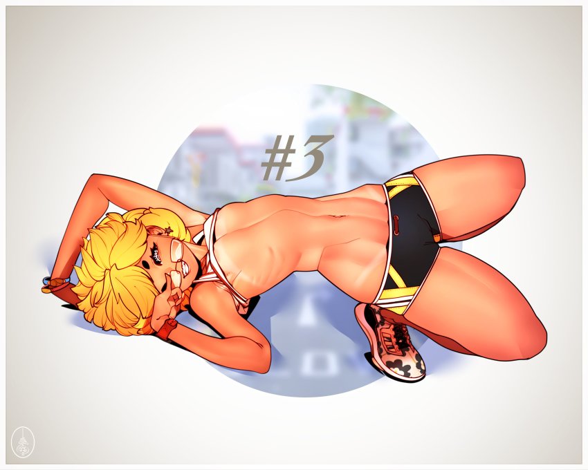 1girl absurdres areola_slip blonde_hair bracelet breasts cheunchin earrings full_body glasses highres jewelry navel original shoes short_hair shorts skindentation small_breasts solo teeth watch watermark