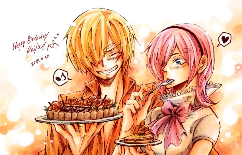 1boy 1girl age_difference blonde_hair brother_and_sister cake food one_piece pink_hair sanji_(one_piece) siblings smile vinsmoke_family vinsmoke_reiju