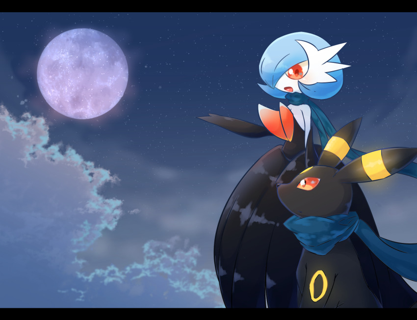 alternate_color black_dress black_fur black_gloves blue_hair blue_scarf cloud creatures_(company) dress elbow_gloves from_side full_moon game_freak gardevoir gen_2_pokemon gen_3_pokemon gloves matata mega_gardevoir mega_pokemon moon night night_sky nintendo orange_eyes pokemon pokemon_(creature) red_eyes scarf shiny_pokemon sky strapless strapless_dress two-tone_fur umbreon