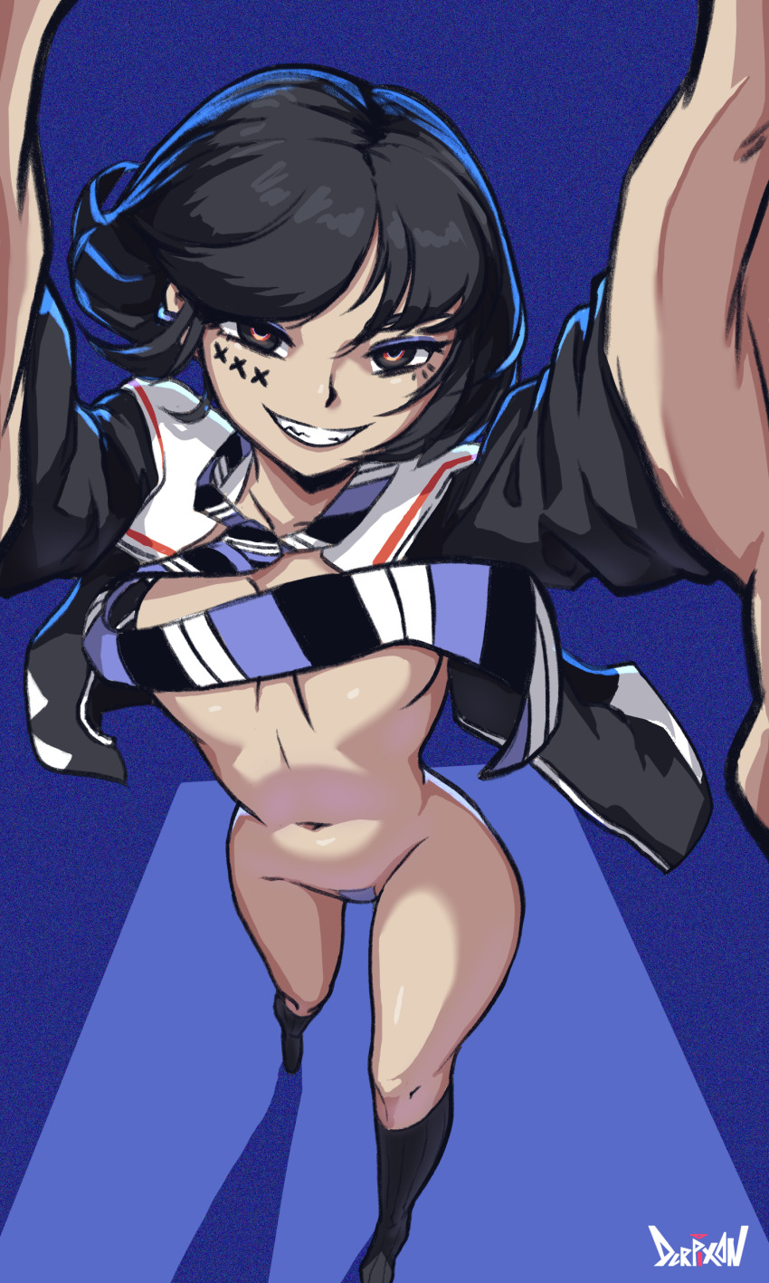 1girl absurdres black_hair black_sclera breasts censored_nipples colored_sclera convenient_censoring derpixon fangs foreshortening grin groin highres looking_at_viewer maebari multicolored_eyes navel necktie open_clothes original outstretched_arms reaching reaching_towards_viewer short_hair smile solo teeth