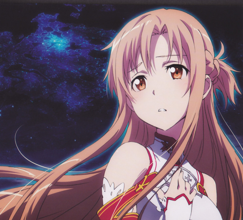 1girl album_cover artist_request asuna_(sao) bare_shoulders blonde_hair breasts brown_eyes brown_hair cover dress hand_on_own_chest highres knights_of_blood_uniform_(sao) long_hair night night_sky official_art outdoors sky small_breasts solo sword_art_online teeth third-party_source white_dress