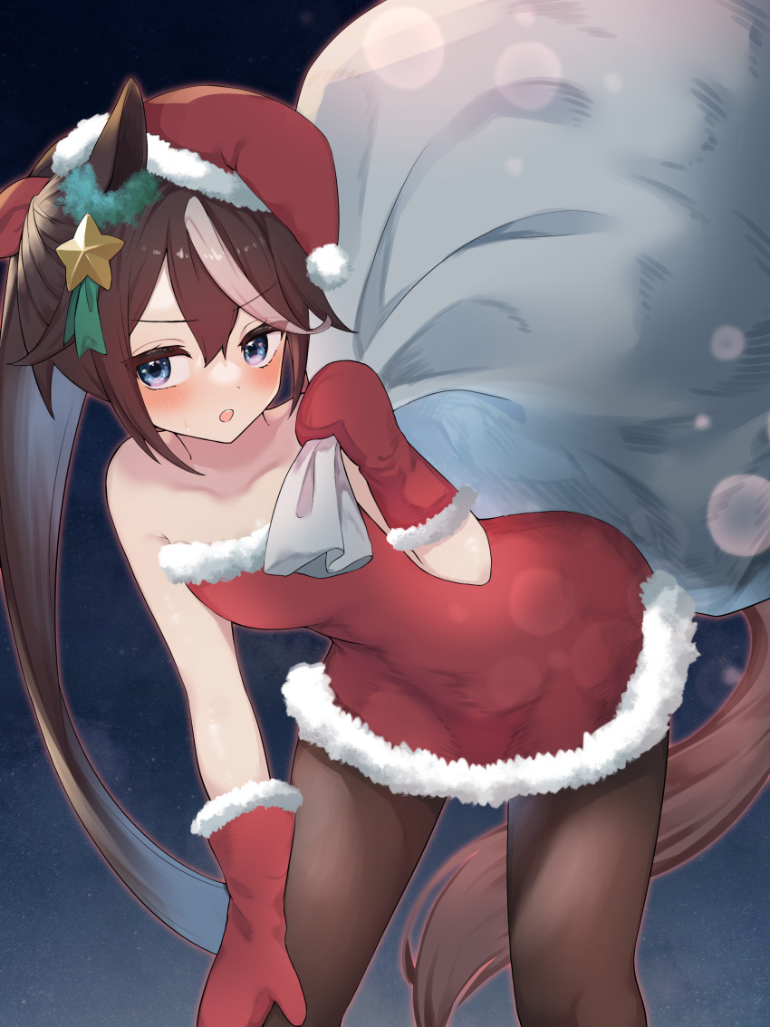 1girl absurdres bare_shoulders black_pantyhose blue_eyes blush brown_hair christmas commentary cowboy_shot dress frown fur-trimmed_dress fur_trim gloves hair_flaps hair_ornament hand_on_own_thigh hat high_ponytail highres holding holding_sack horse_girl leaning_forward long_hair looking_at_viewer multicolored_hair night open_mouth outdoors over_shoulder pantyhose pinponpaaru red_dress red_gloves red_hat sack santa_dress santa_gloves santa_hat solo standing star_(symbol) star_hair_ornament streaked_hair tokai_teio_(umamusume) two-tone_hair umamusume very_long_hair white_hair