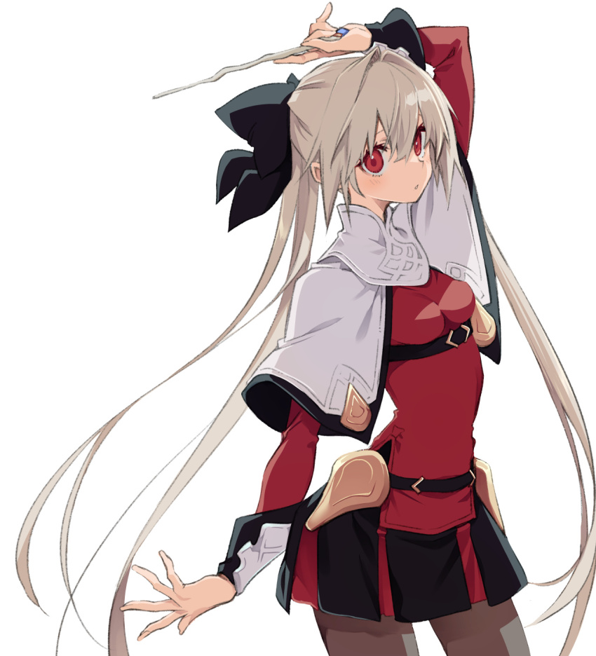 10mo 1girl black_ribbon black_skirt blush breasts capelet grey_hair hair_between_eyes hair_ribbon highres holding holding_stick long_sleeves looking_at_viewer lynneburg_clays open_mouth ore_wa_subete_wo_parry_suru pantyhose pleated_skirt red_eyes red_shirt ribbon shirt skirt small_breasts solo stick twintails white_background white_capelet