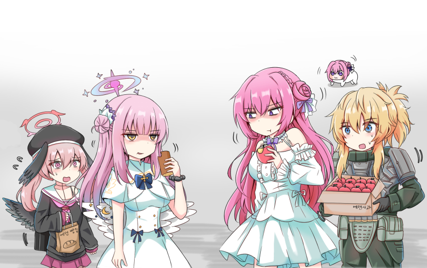 4girls angel_wings apple armor bare_shoulders beret black_hat black_wings blonde_hair blue_archive blue_eyes breasts cake capelet cyberdemon_no3 doro_(nikke) dorothy_(nikke) dress feathered_wings flower-shaped_hair food frilled_dress frilled_ribbon frills fruit goddess_of_victory:_nikke hair_bun hair_intakes hair_ornament halo hat head_wings highres holding holding_food holding_fruit koharu_(blue_archive) large_breasts long_hair long_sleeves low_wings mika_(blue_archive) multiple_girls neckerchief open_mouth pink_eyes pink_hair pink_halo pink_neckerchief pinne_(nikke) purple_eyes purple_ribbon apple red_halo ribbon sailor_collar scrunchie short_ponytail shoulder_armor sidelocks single_side_bun swiss_roll twintails white_capelet white_dress white_sailor_collar white_wings wing_ornament wings yellow_eyes