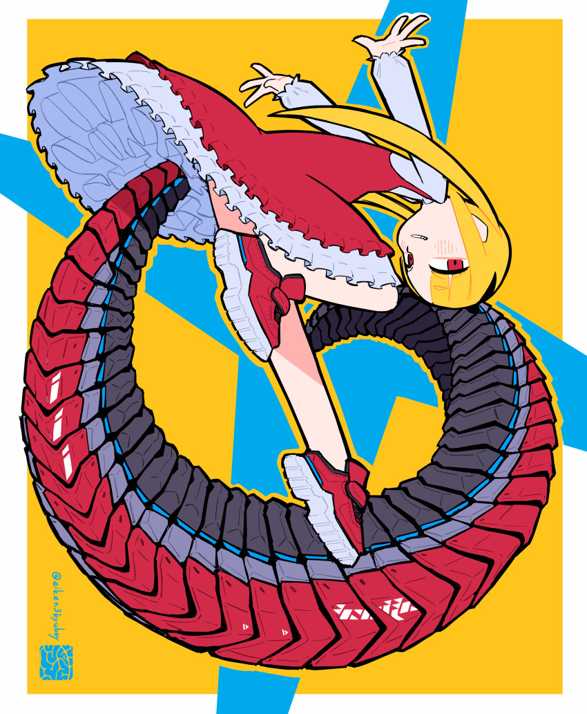 1girl absurdres artist_logo artist_name black_tail blonde_hair blue_background dress floating frilled_dress frills full_body grin highres iwako_(eiken3kyuboy) layered_dress logo long_hair long_sleeves looking_at_viewer mechanical_tail original puffy_long_sleeves puffy_sleeves red_dress red_eyes red_footwear red_tail shoes simple_background smile sneakers solo tail twitter_username white_dress yellow_background