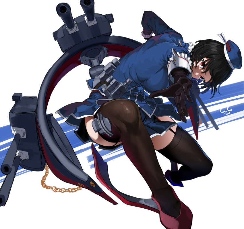 1girl absurdres ascot beret black_gloves black_hair black_thighhighs blue_hat blush breasts cannon garter_straps gegesan gloves hat highres kantai_collection large_breasts long_hair long_sleeves looking_at_viewer machinery military military_uniform red_eyes rigging ship_turret short_hair signature skirt solo takao_(kancolle) thighhighs white_background