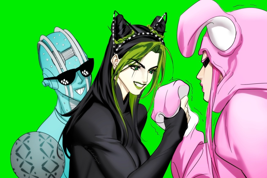 1boy 1girl animal_costume animal_ears black_shirt breasts bun_with_braided_base chinese_commentary commentary_request cone_hair_bun double_bun fake_animal_ears green_eyes green_hair green_lips grin hair_bun highres jojo_no_kimyou_na_bouken kuujou_jolyne large_breasts long_hair multicolored_hair narciso_anasui pink_lips rabbit_costume rabbit_ears shinkaifuyuki shirt sleeves_past_wrists smile stand_(jojo) stone_free stone_ocean trembling turtleneck turtleneck_shirt two-tone_hair