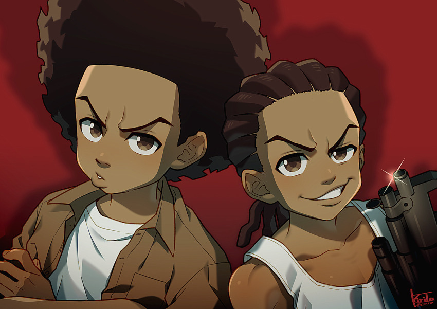 2boys afro brown_eyes brown_hair brown_jacket collarbone crossed_arms dreadlocks glint grin gun holding holding_gun holding_weapon huey_freeman jacket kiri_futoshi looking_at_viewer male_focus multiple_boys parted_lips red_background riley_freeman shadow shirt smile tank_top the_boondocks weapon white_shirt white_tank_top