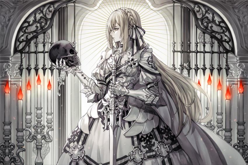 1girl armor black_bow blonde_hair bow braid candle cape dress gauntlets holding holding_skull holding_sword holding_weapon long_hair original senano-yu skull solo sword vambraces weapon white_bow white_cape white_dress yellow_eyes