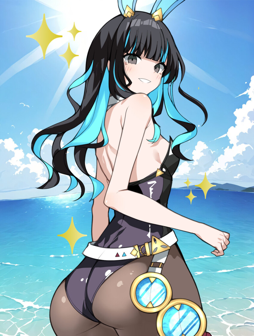 1girl animal_ears aqua_hair ass back black_hair black_leotard black_pantyhose blue_sky breasts cowboy_shot fate/grand_order fate_(series) from_behind grey_eyes highleg highleg_leotard highres leotard long_hair looking_at_viewer multicolored_hair ocean outdoors pantyhose parted_lips playboy_bunny rabbit_ears sky small_breasts smile solo star_(symbol) streaked_hair summer sunlight tenochtitlan_(fate) tenochtitlan_(swimsuit_mooncancer)_(fate) tenochtitlan_(swimsuit_mooncancer)_(third_ascension)_(fate) textless_version u_hasumi69