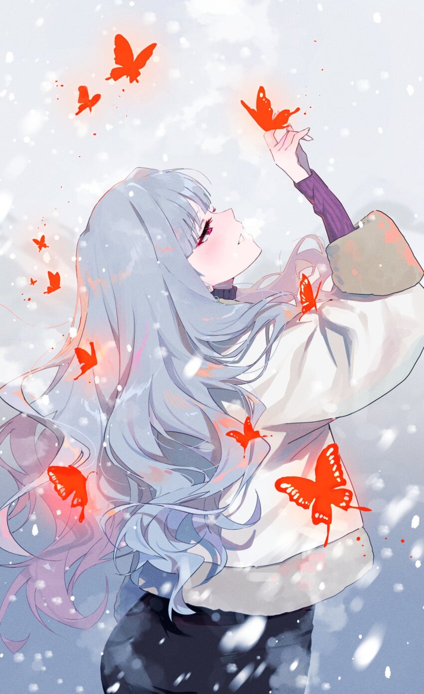 1girl blush breath bug butterfly butterfly_on_hand grey_hair highres idolmaster idolmaster_(classic) insect jacket long_hair long_sleeves looking_at_animal looking_up midnamana outdoors profile purple_sweater red_butterfly shijou_takane snowing solo sweater very_long_hair white_jacket