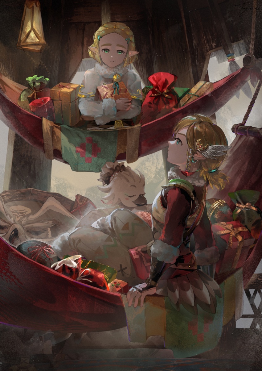 1girl 2boys blonde_hair cape christmas christmas_present earrings feather_hair_ornament feathers fur_trim gift green_eyes hair_ornament hairclip hammock highres indoors jewelry link multiple_boys nintendo pointy_ears princess_zelda rito short_hair short_ponytail smile snowquill_set_(zelda) the_legend_of_zelda the_legend_of_zelda:_tears_of_the_kingdom tsujieiri tulin_(zelda) white_cape winter_clothes