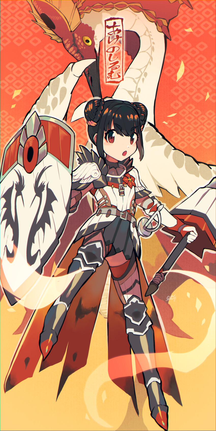 1girl aknosom aknosom_(armor) armor black_hair blush capcom double_bun full_body gloves hair_bun hair_ornament highres long_hair looking_at_viewer monster monster_hunter_(series) monster_hunter_rise oozaki_nando polearm shield simple_background skirt solo spear thighhighs weapon