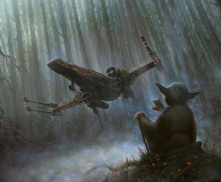 1boy alexandr_elichev dagobah fog forest nature outdoors pointy_ears solo spacecraft standing star_wars star_wars:_the_empire_strikes_back t-65_x-wing telekinesis tree x-wing yoda