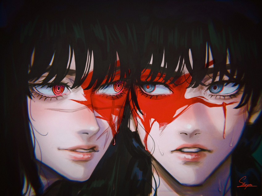 2girls absurdres artist_name black_hair blood blood_on_face chainsaw_man cross_scar facial_scar heads_together highres long_hair looking_at_another mitaka_asa multiple_girls parted_lips portrait red_eyes ringed_eyes scar scar_on_cheek scar_on_face signature staryoruu sweat yoru_(chainsaw_man)