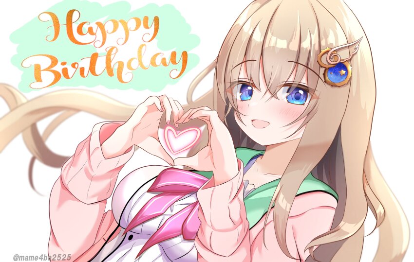 1girl 2024 9-nine- :d absurdres blue_eyes blurry bow breasts cardigan commentary_request dated_commentary depth_of_field dutch_angle eyelashes floating_hair gear_hair_ornament hair_between_eyes hands_up happy happy_birthday heart heart_hands heart_in_heart_hands highres impossible_clothes kujou_miyako large_breasts light_brown_hair long_hair long_sleeves looking_at_viewer mame4ba2525 open_cardigan open_clothes open_mouth pink_bow school_uniform sidelocks simple_background smile solo star_(symbol) star_print tsurime twitter_username upper_body very_long_hair white_background wing_hair_ornament