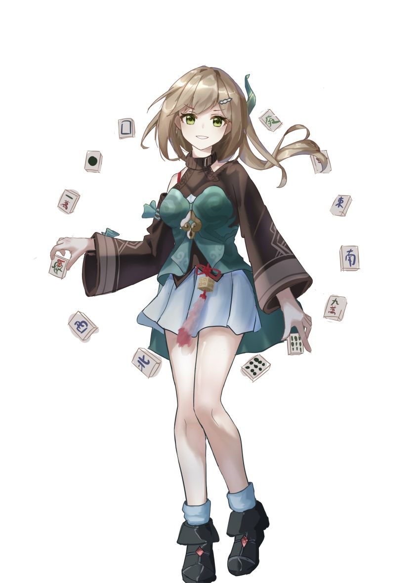 1girl absurdres aqua_dress black_footwear blonde_hair brown_sweater clothing_cutout dress full_body green_eyes hair_ornament hairclip highres holding holding_mahjong_tile honkai:_star_rail honkai_(series) leg_up long_hair long_sleeves looking_at_viewer mahjong mahjong_tile qingque_(honkai:_star_rail) shoulder_cutout simple_background smile socks solo sumizome_desu sweater tachi-e tassel teeth two-tone_dress white_background white_dress white_socks wide_sleeves