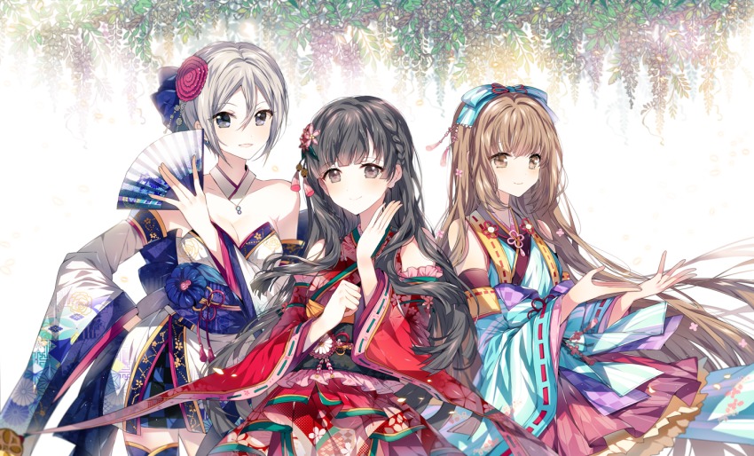 10s 3girls bare_shoulders black_eyes black_hair blush bow braid brown_eyes brown_hair flower folding_fan hair_bow hair_flower hair_ornament hand_fan idolmaster idolmaster_cinderella_girls idolmaster_cinderella_girls_starlight_stage japanese_clothes kimono kobayakawa_sae long_hair looking_at_viewer md5_mismatch multiple_girls n_n_(vbdpsep) ponytail resolution_mismatch shiomi_syuko short_hair silver_hair smile source_smaller very_long_hair yorita_yoshino