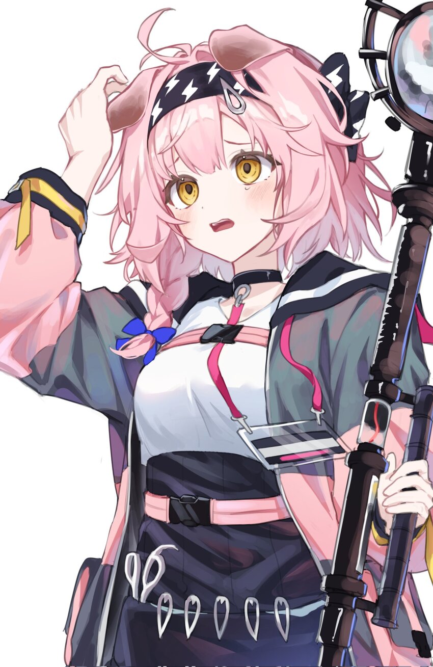 1girl animal_ears arknights arm_up black_choker black_hairband black_skirt blue_bow bow braid breasts cat_ears cat_girl choker facing_viewer from_above goldenglow_(arknights) grey_jacket hair_bow hairband hand_up hashtag-only_commentary highres holding holding_staff jacket lightning_bolt_print long_hair long_sleeves multicolored_clothes multicolored_jacket object_in_pocket open_clothes open_jacket open_mouth pink_hair print_hairband scissors shirt simple_background skirt solo staff teeth two-tone_jacket upper_body upper_teeth_only white_background white_shirt y91210666 yellow_eyes