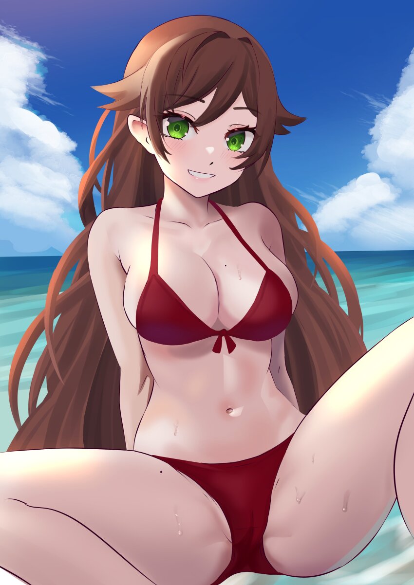 1girl absurdres arm_support bikini blue_sky blush breasts brown_hair cleft_of_venus cloud collarbone day dot_nose elf estebaneishon1 eyebrows eyelashes feet_out_of_frame female_focus green_eyes grin highres indie_virtual_youtuber kiryuu_kotono knee_up large_breasts leaning_back long_hair looking_at_viewer mole mole_on_breast mole_on_thigh navel ocean outdoors pointy_ears red_bikini sitting sky smile solo spread_legs swimsuit teeth virtual_youtuber water wet